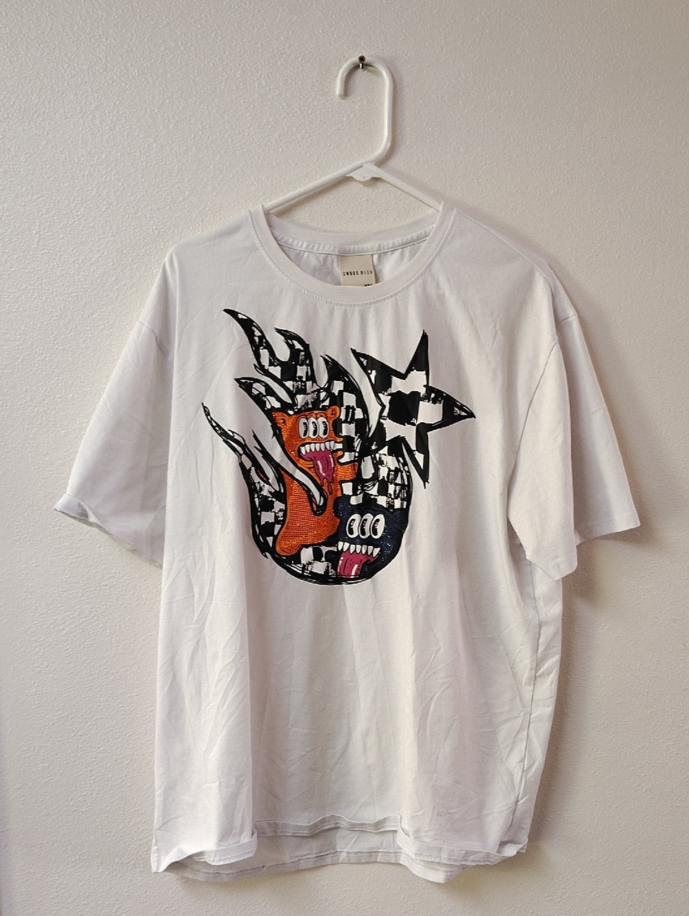 Smoke Rise Mens Graphic Tee White Monster Checkerboard Flame Print T-Shirt‎ 2XL